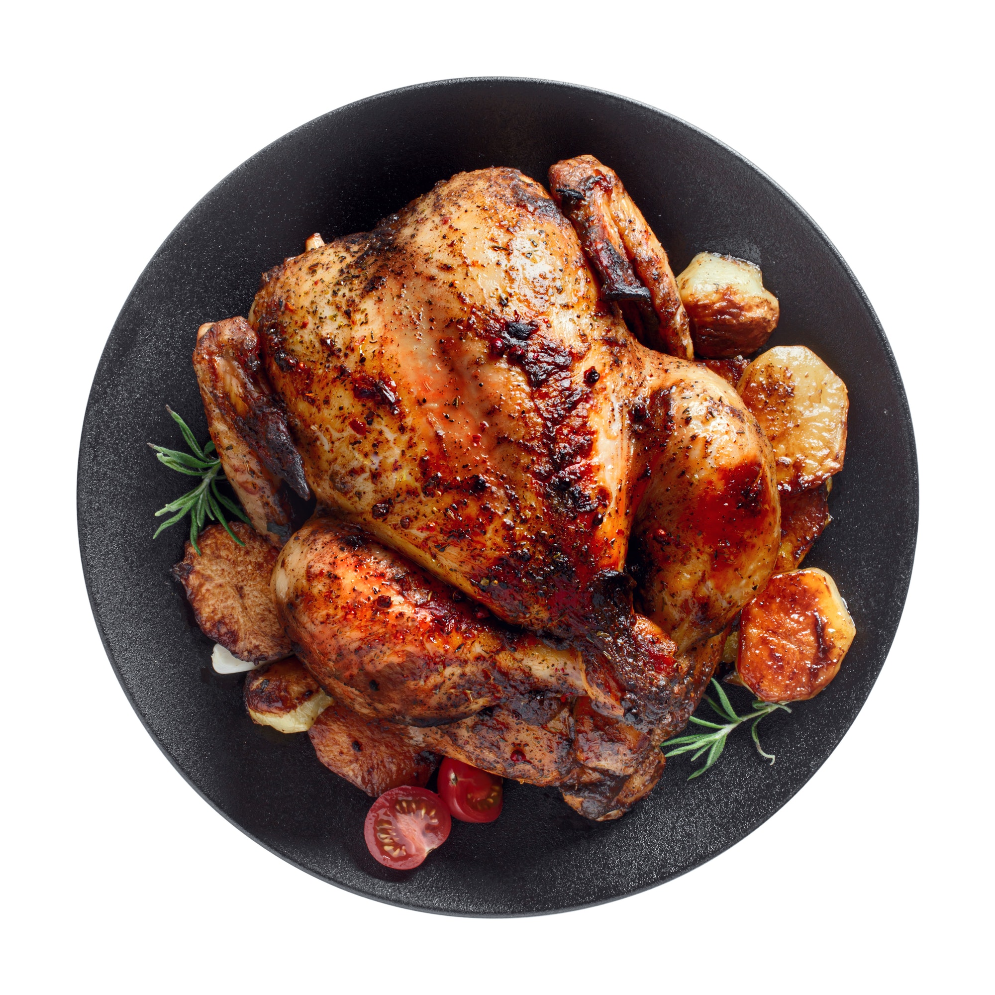 Grilled chicken on plate above isolated